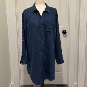 Rails Denim Look Button Up Shirt Dress With Embroidered Stitch Size L